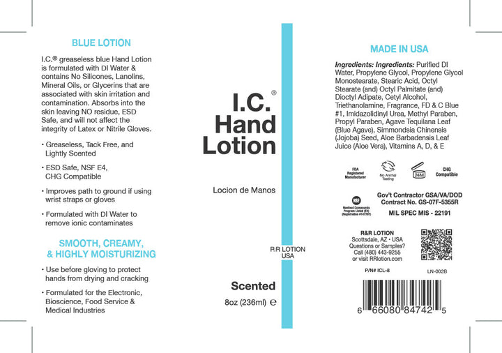 R&R Lotion ICL-8, IC Lotion Lightly Fragranced, 8oz Bottle, Blue