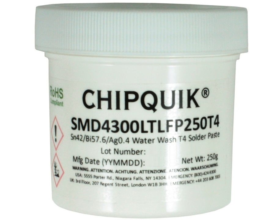 Chip Quik SMD4300LTLFP250T4, Solder Paste in Jar, 250g (T4) Sn42/Bi57.6/Ag0.4, Low Temp Water-Washable No-Clean