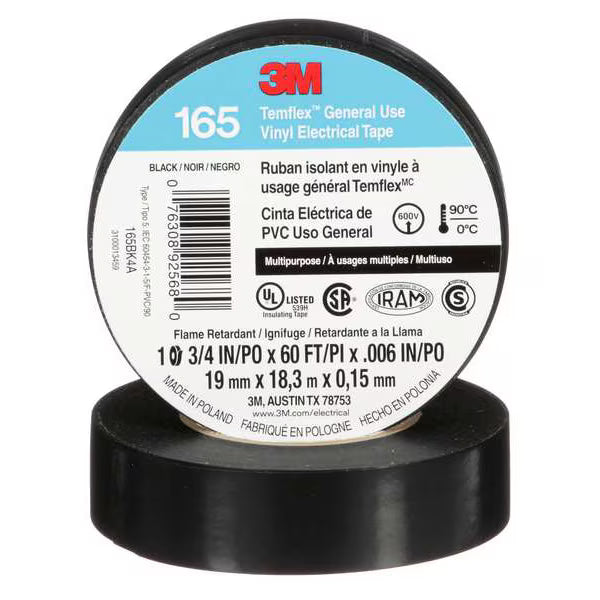 3M 7100216141 Temflex 165 19mm x 9m (3/4in x 30ft) Black - AM, 10 rolls per pack, 100 rolls per case