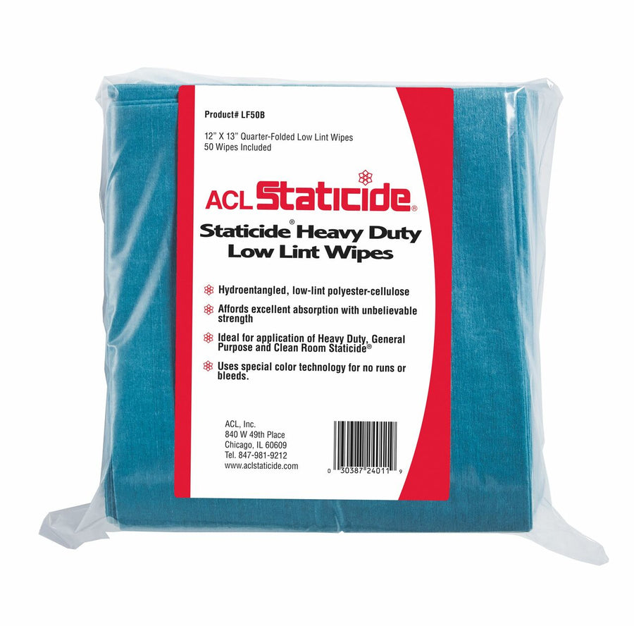 ACL Staticide LF50B Heavy Duty Low Lint Wipes (BLUE) 12 inch x 13 inch, 50 wipes per bag; 12 bags per case MTESolutions