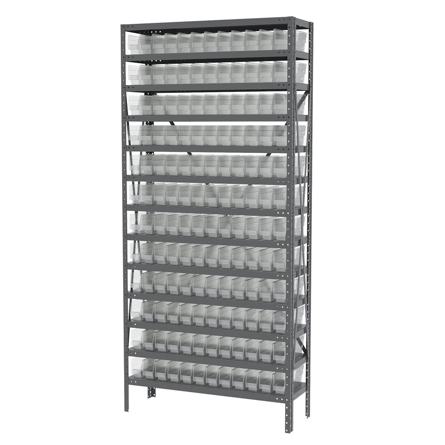 Akro - Mils AS1279110SC Steel Shelving Kit, 12x36x79, 144 Clear Bins MTESolutions