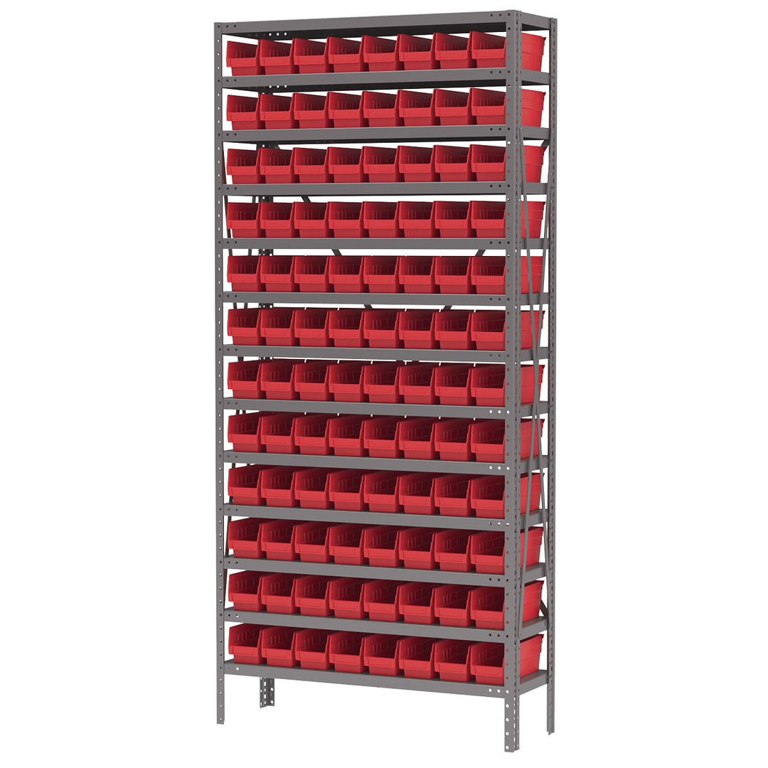 Akro - Mils AS1279120R Steel Shelving Kit, 12x36x79, 96 Red Bins MTESolutions