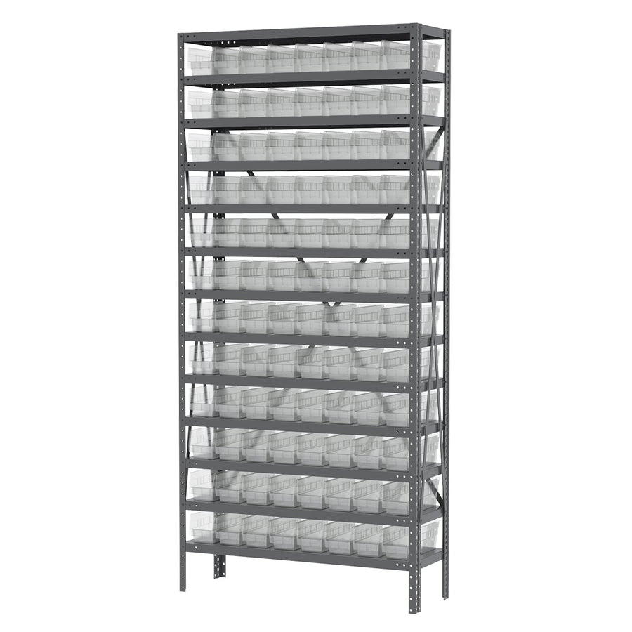 Akro - Mils AS1279120SC Steel Shelving Kit, 12x36x79, 96 Clear Bins MTESolutions