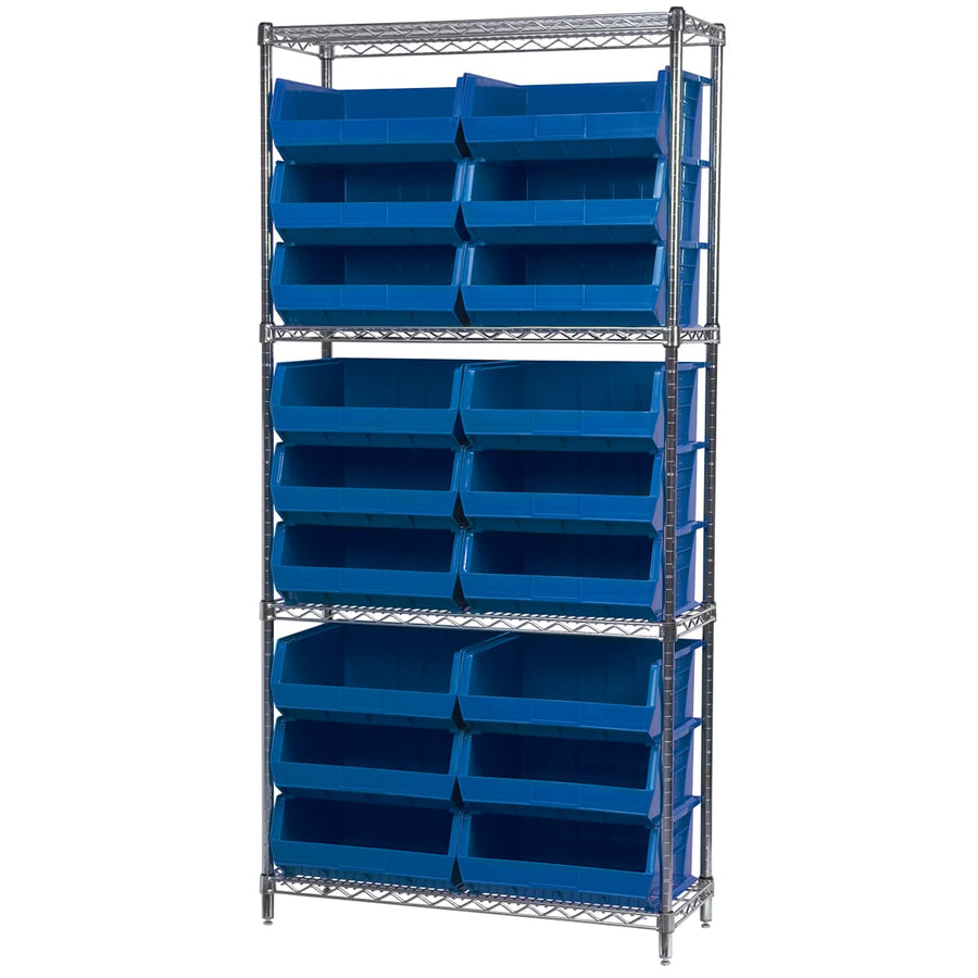 Akro - Mils AWS143630250B Wire Shelving Kit, 14x36x74, 18 Blue Bins MTESolutions