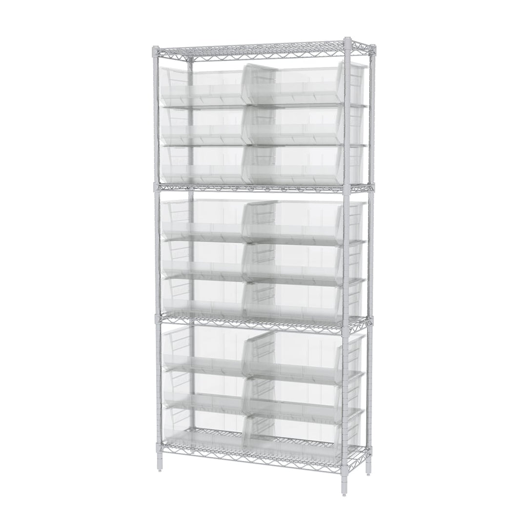 Akro - Mils AWS143630250SC Wire Shelving Kit, 14x36x74, 18 Clear Bins MTESolutions