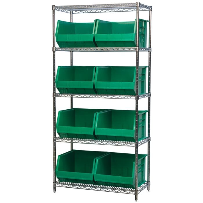 Akro - Mils AWS183630270G Wire Shelving Kit, 18x36x74, 9 Green Bins MTESolutions