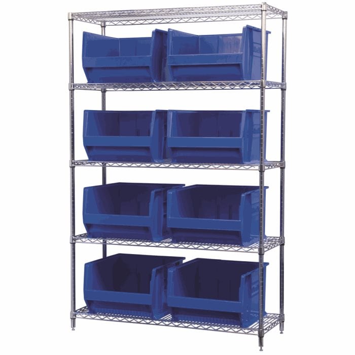 Akro - Mils AWS184830283B Wire Shelving Kit, 18x48x74, 8 Blue Bins MTESolutions