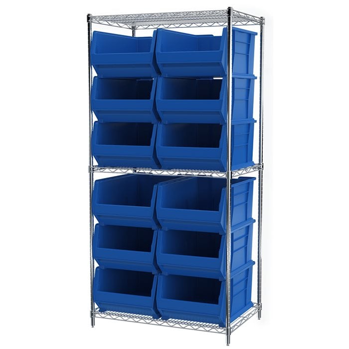 Akro - Mils AWS24360288B Wire Shelving Kit, 24x36x74, 12 Blue Bins MTESolutions