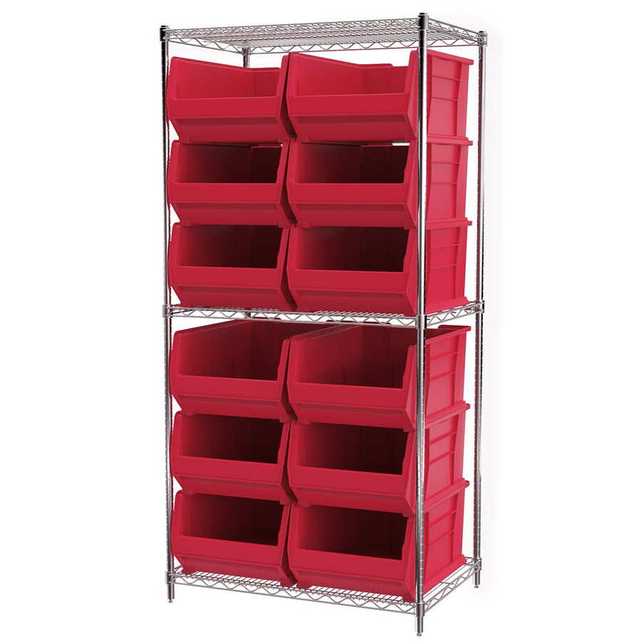 Akro - Mils AWS24360288R Wire Shelving Kit, 24x36x74, 12 Red Bins MTESolutions