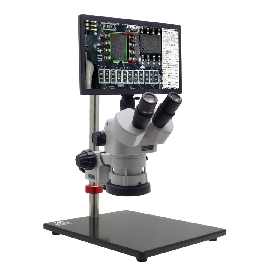 Aven 26800B-309 SPZV-50 Trinocular Stereo Zoom Microscope, 6.75X-143X, Eidos 4K Camera Monitor, Post Stand Aven Tools MTESolutions