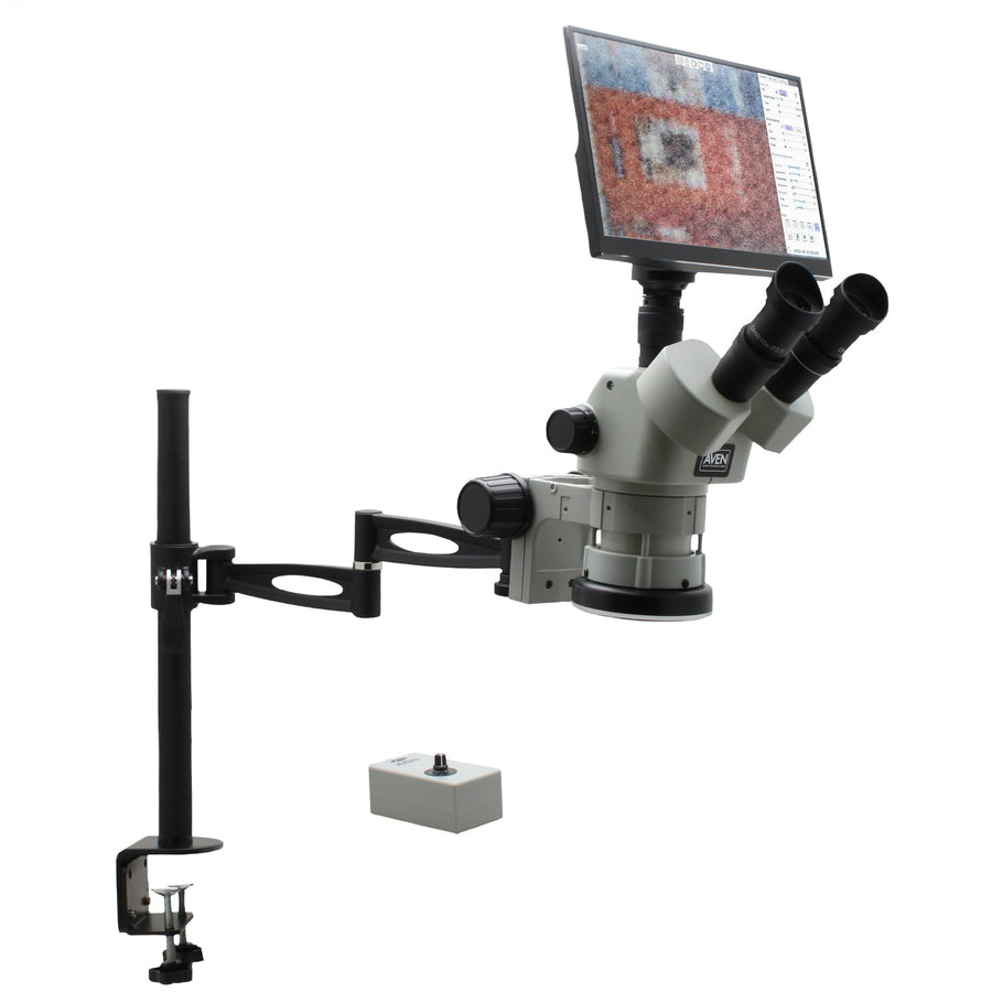 Aven 26800B-710 SPZV-50 Stereo Zoom Microscope, 6.7x–50x with Eidos Camera Monitor and Articulating Arm Stand Aven Tools MTESolutions