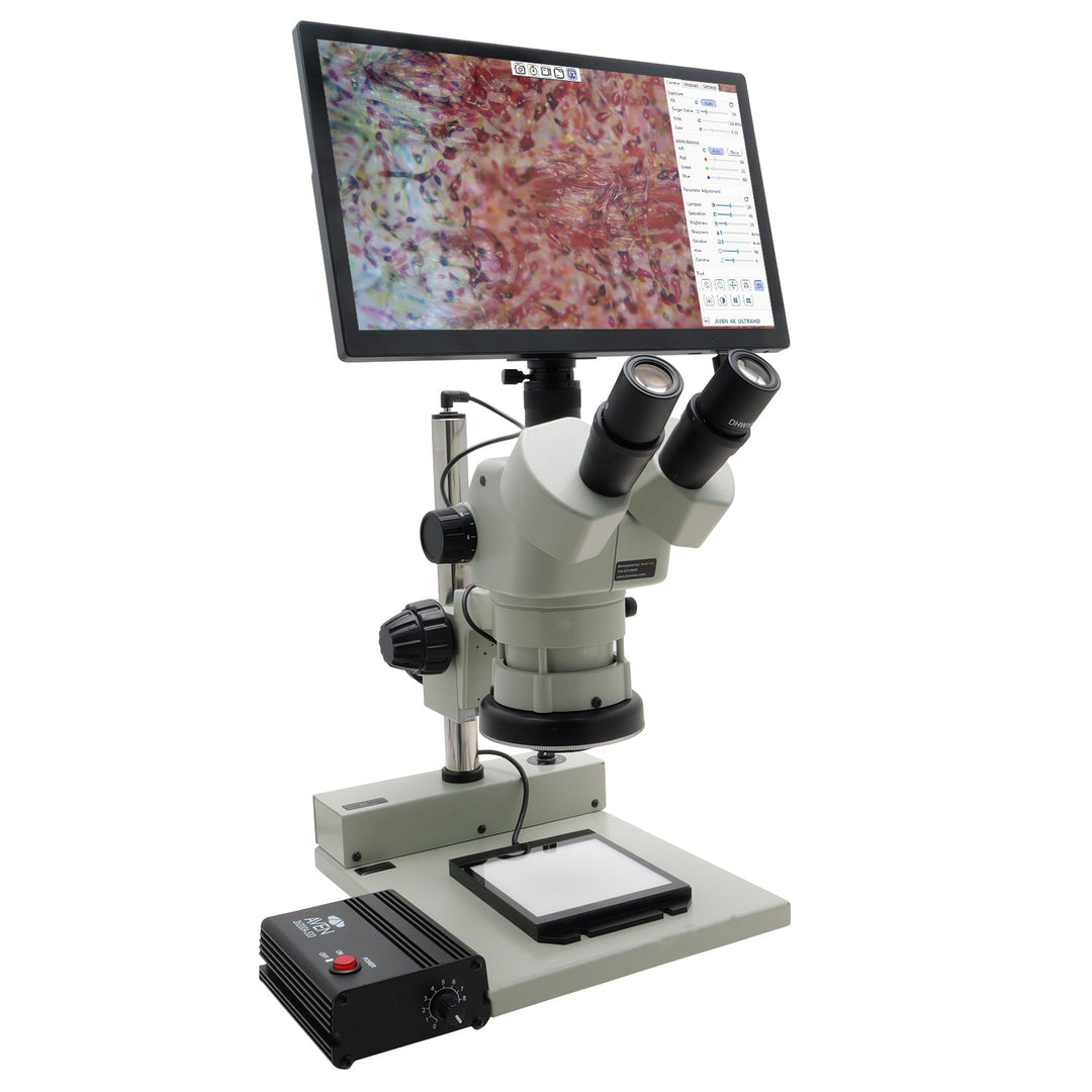 Aven 26800B-733 SPZV-50 Trinocular Stereo Zoom Microscope, 6.75x–50x with Eidos 4K XL Camera Monitor Aven Tools MTESolutions