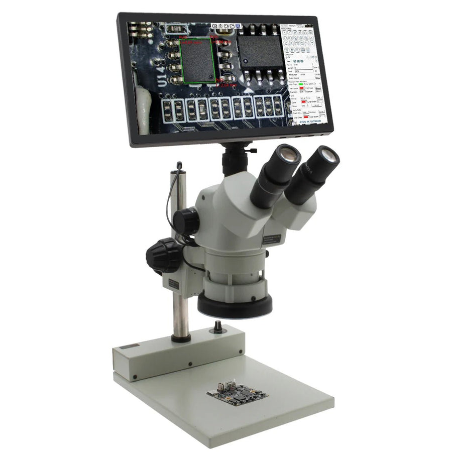 Aven Tools 26800B-385 SPZV-50 Trinocular Stereo Zoom Microscope, 6.7x–50x, with Eidos 4K Camera/Monitor & PLED Stand Aven Tools MTESolutions
