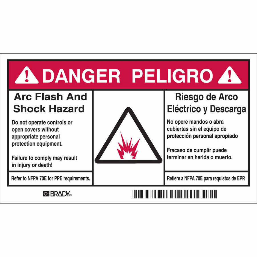 Brady 101955, Arc Flash Labels - Self - Sticking Polyester, English/Spanish Bilingual, Pack of 5 Labels, Black/Red on White MTESolutions