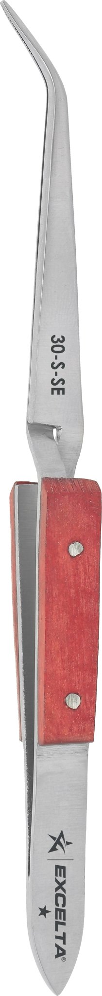 Excelta 30 - S - SE Tweezers - Reverse Action - Curved - SS - Wooden Grips/Serrated MTESolutions