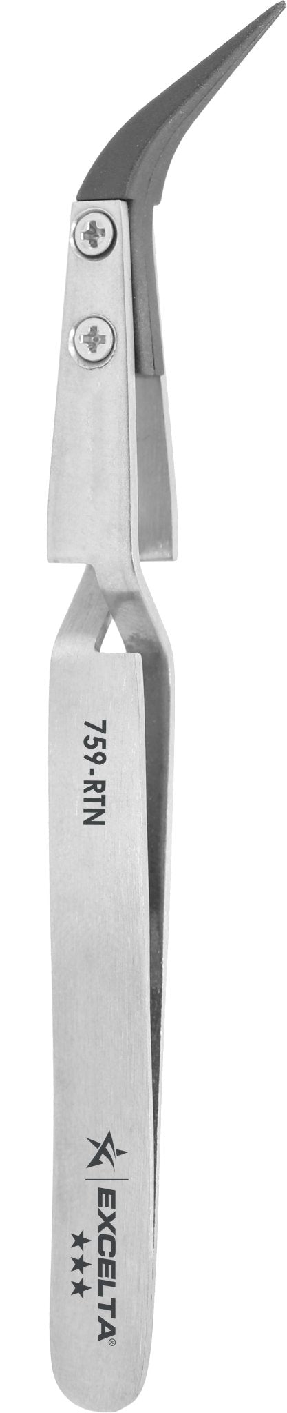 Excelta 759 - RTN Tweezers - Replaceable Carbon Fiber .012" X .025" Tip - Curved Cross Action MTESolutions