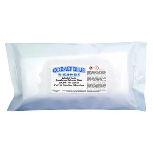 High-Tech Conversions FS-NT203-99-20CB Cobalt Blue® Sterile 70% IPA Nonwoven Polyester Wipes, 9" x 9", 40 Wipes/Bag, 20 Bags/Case High-Tech Conversions MTESolutions