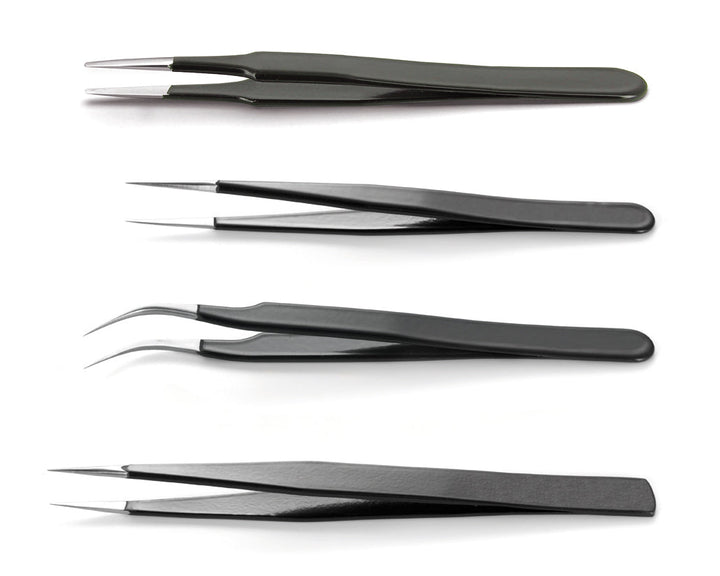 Ideal-tek K4-ECO.SA.NE.ITU kit of 4 ESD Epoxy Coated tweezers: 2A, 3C, 7A, AA., SS Anti-Mag MTESolutions