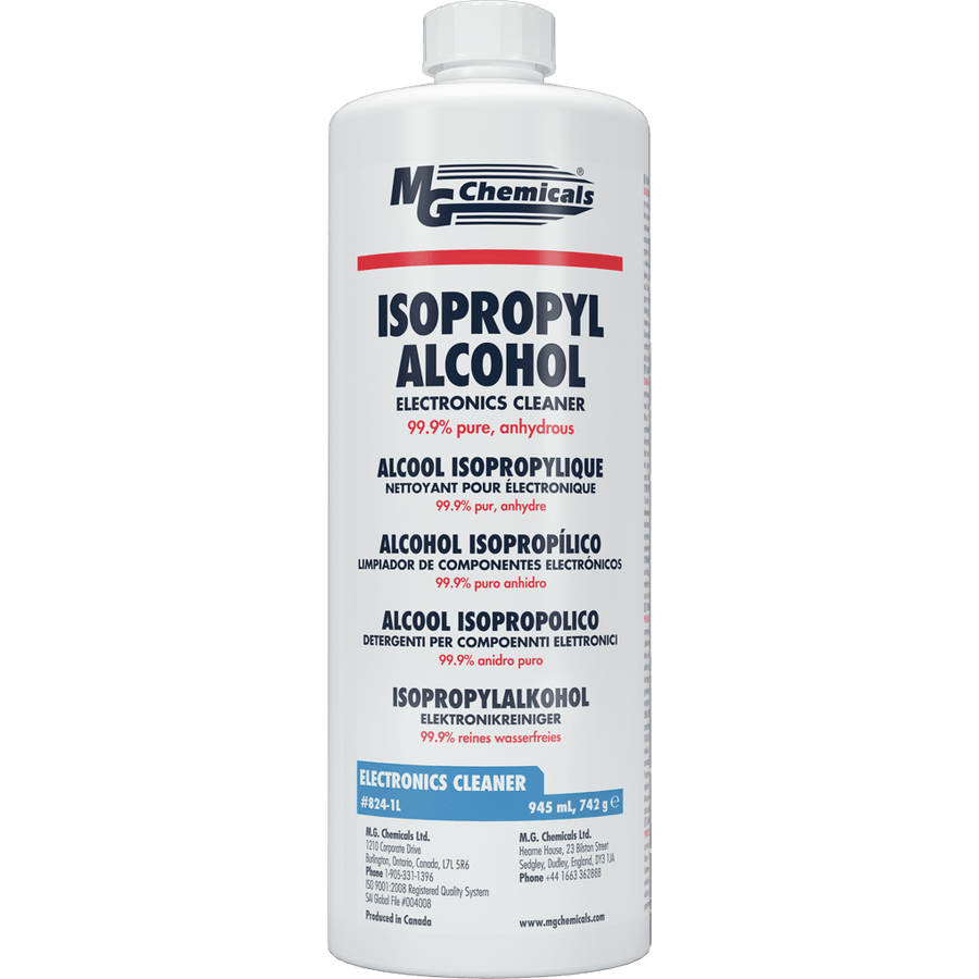 MG Chemicals 824 - 1L, 99.9% Isopropyl Alcohol, 32 oz. ACS Reagent Grade Bottle, Case of 12 MTESolutions