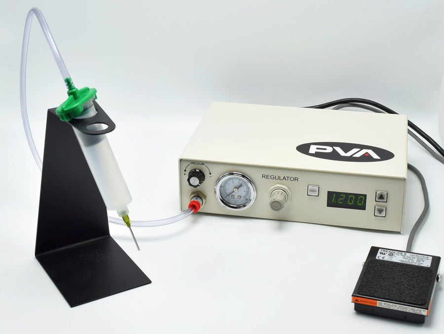 PVA Digitial Syringe Dispenser (With 0 - 100Psi Regulator And Gauge, Led Display) Includes: Comsumable Package Of: (Air Adpaters, Syringes, And Needles) Foot Pedal, And Cord. MTESolutions