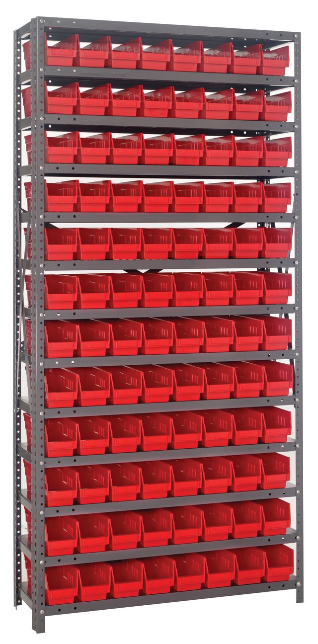 Quantum Storage Systems 1275 - 101RD Shelving Unit Heavy Duty with 96 Red Bins MTESolutions