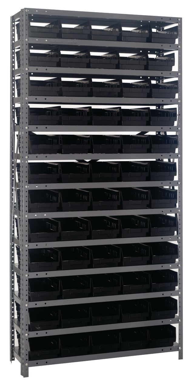Quantum Storage Systems 1275 - 102BK Shelving Unit Heavy Duty with 60 Black Bins MTESolutions