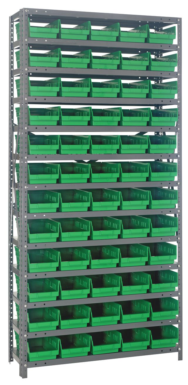 Quantum Storage Systems 1275 - 102GN Shelving Unit Heavy Duty with 60 Green Bins MTESolutions