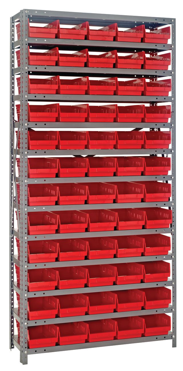 Quantum Storage Systems 1275 - 102RD Shelving Unit Heavy Duty with 60 Red Bins MTESolutions