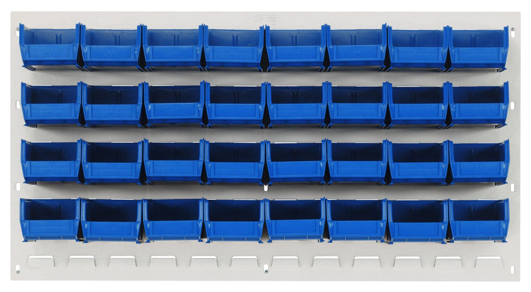 Quantum Storage Systems QLP - 3619HC - 210 - 32BL Louvered Panel, Wall Mount with 32 Blue Bins MTESolutions