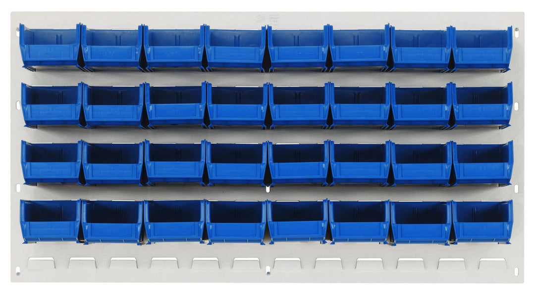 Quantum Storage Systems QLP - 3619HC - 220 - 32BL Louvered Panel, Wall Mount with 32 Blue Bins MTESolutions