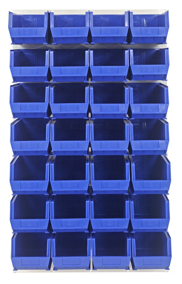 Quantum Storage Systems QLP - 3661HC - 240 - 28BL Louvered Panel, Wall Mount with 28 Blue Bins MTESolutions