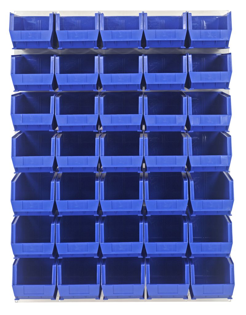 Quantum Storage Systems QLP - 4861HC - 240 - 35BL Louvered Panel, Wall Mount with 35 Blue Bins MTESolutions