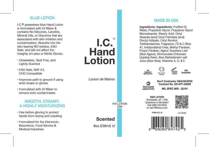 R&R Lotion ICL - 8, IC Lotion Lightly Fragranced, 8oz Bottle, Blue MTESolutions