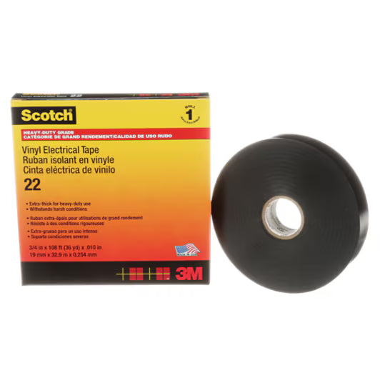 3M 7000031344 Scotch® Vinyl Electrical Tape 22, 3/4 in x 36 yd, Black, 12 rolls/carton, 48 rolls/Case