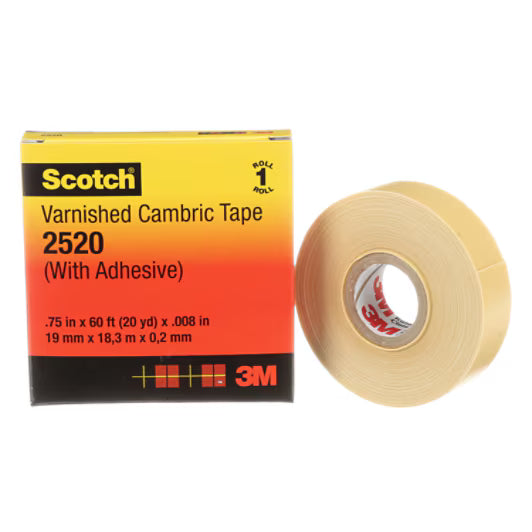 3M 7000031629 Scotch® Varnished Cambric Tape 2520, 3/4 in x 60 ft, Yellow, 1 roll/carton, 20 rolls/Case