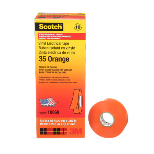 3M 7000031581 Scotch® Vinyl Color Coding Electrical Tape 35, 3/4 in x 66 ft, Orange, 10 rolls/carton