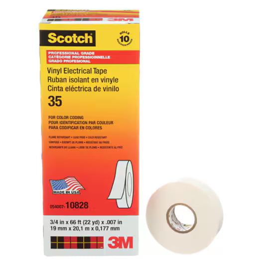 3M 7000006097 Scotch® Vinyl Color Coding Electrical Tape 35, 3/4 in x 66 ft, White, 10 rolls/carton