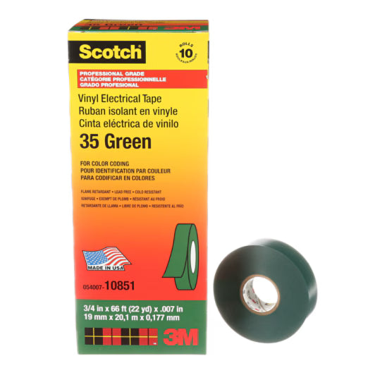 3M 7000006098 Scotch® Vinyl Color Coding Electrical Tape 35, 3/4 in x 66 ft, Green, 10 rolls/carton