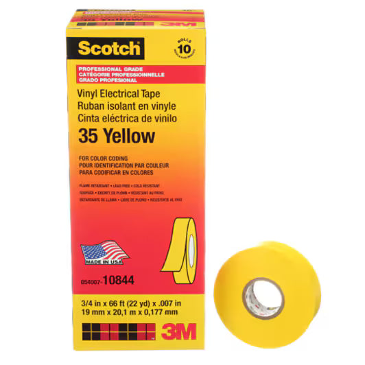 3M 7000006096 Scotch® Vinyl Color Coding Electrical Tape 35, 3/4 in x 66 ft, Yellow, 10 rolls/carton,