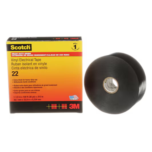 3M 7000031345 Scotch® Vinyl Electrical Tape 22, 1-1/2 in x 36 yd, Black, 12 rolls/Case