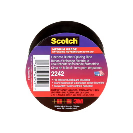 3M 7000058491 Linerless Electrical Rubber Tape 2242, 3/4 in x 15 ft, 1 in core, Black, 1 roll/carton, 24 rolls/case