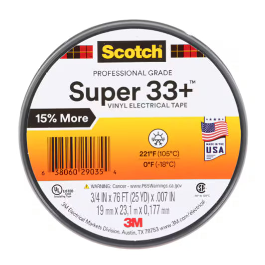 3M 7100201470 Scotch® Super 33+ Vinyl Electrical Tape, 3/4 in x 76 ft, 1 in Core, Black, 10 rolls/carton, 100 rolls/Case