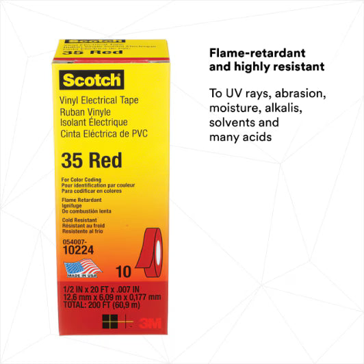 3M 7000132636 Scotch® Vinyl Color Coding Electrical Tape 35, 1/2 in x 20 ft, Red, 10 rolls/carton