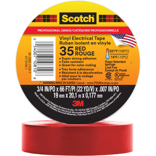 3M 7000006094 Scotch® Vinyl Color Coding Electrical Tape 35, 3/4 in x 66 ft, Red