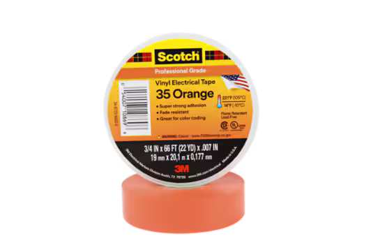 3M 7000031581 Scotch® Vinyl Color Coding Electrical Tape 35, 3/4 in x 66 ft, Orange, 10 rolls/carton