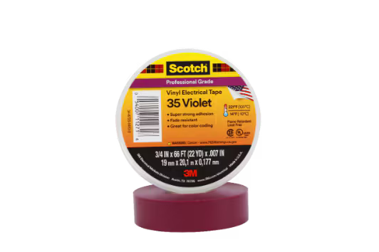 3M 7000058437 Scotch® Vinyl Color Coding Electrical Tape 35, 3/4 in x 66 ft, Violet, 10 rolls/carton, 100 rolls/Case