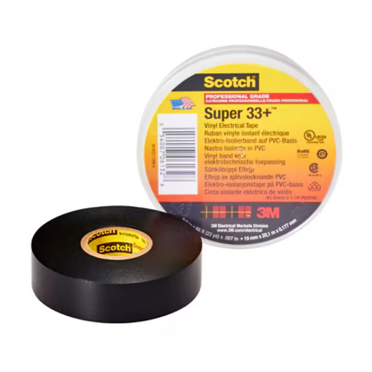 3M 7010397928 Scotch® Super 33+ Vinyl Electrical Tape, 3/4 in x 52 ft, Black, 10 rolls/carton, 100 rolls/Case