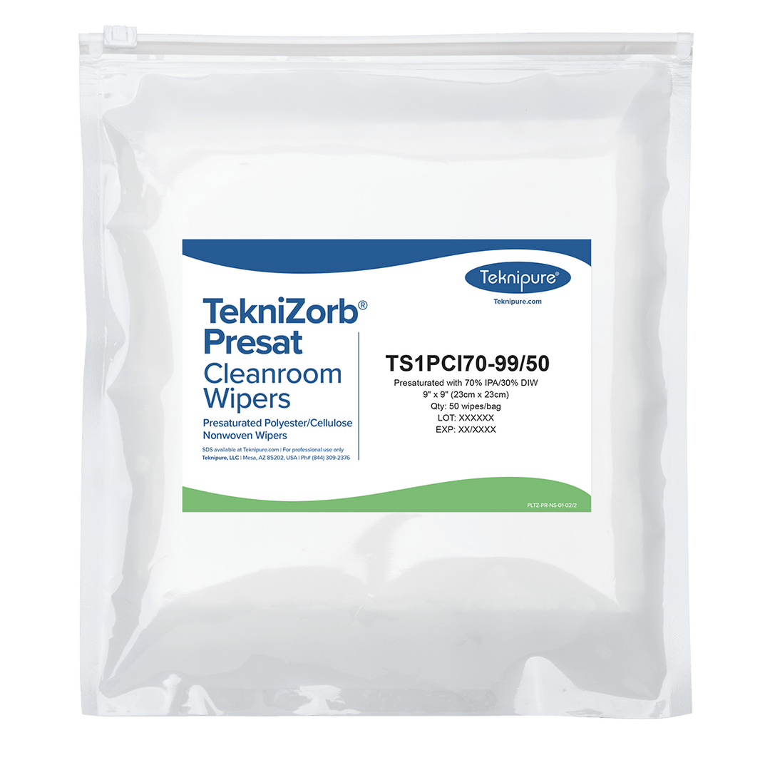 Teknipure TS1PCI70 - 99/50 TekniZorb® presaturated 70% IPA polyester/cellulose nonwoven cleanroom wipers, 9"x9" MTESolutions