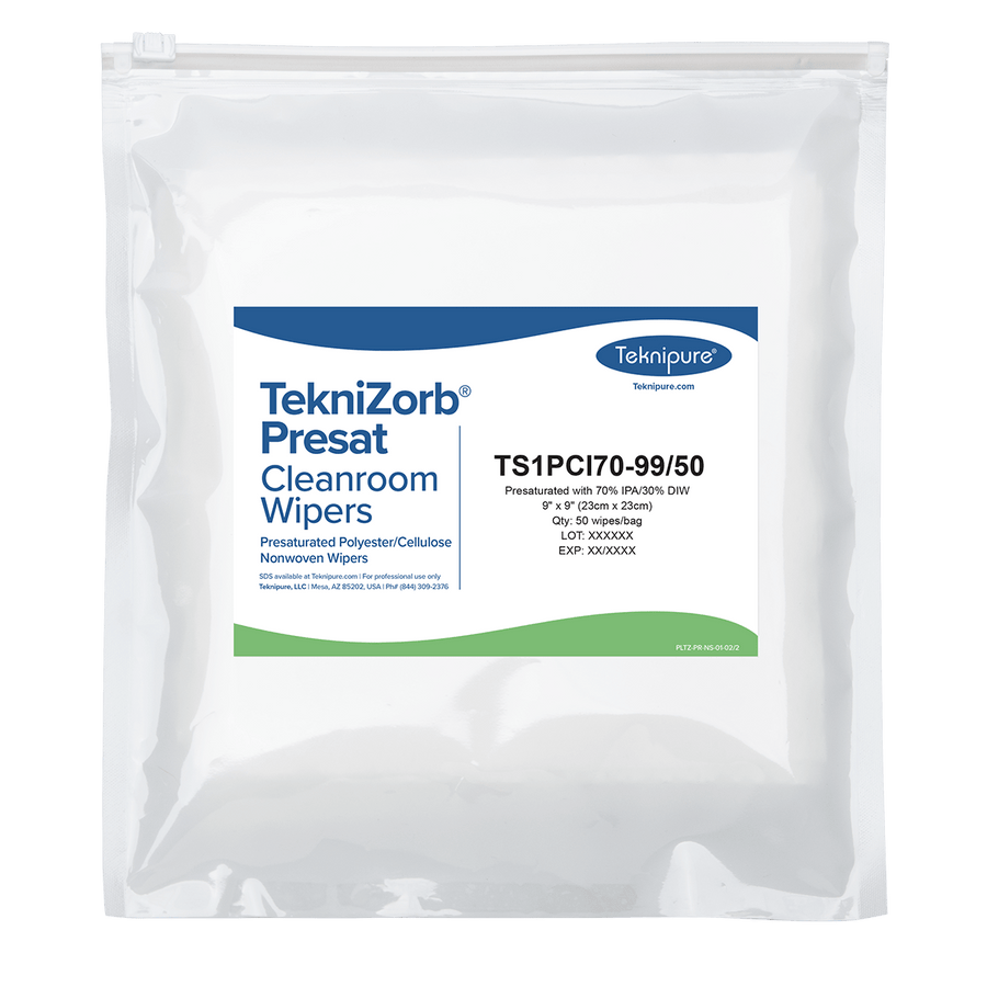 Teknipure TS1PCI70 - 99/50 TekniZorb® presaturated 70% IPA polyester/cellulose nonwoven cleanroom wipers, 9"x9" MTESolutions