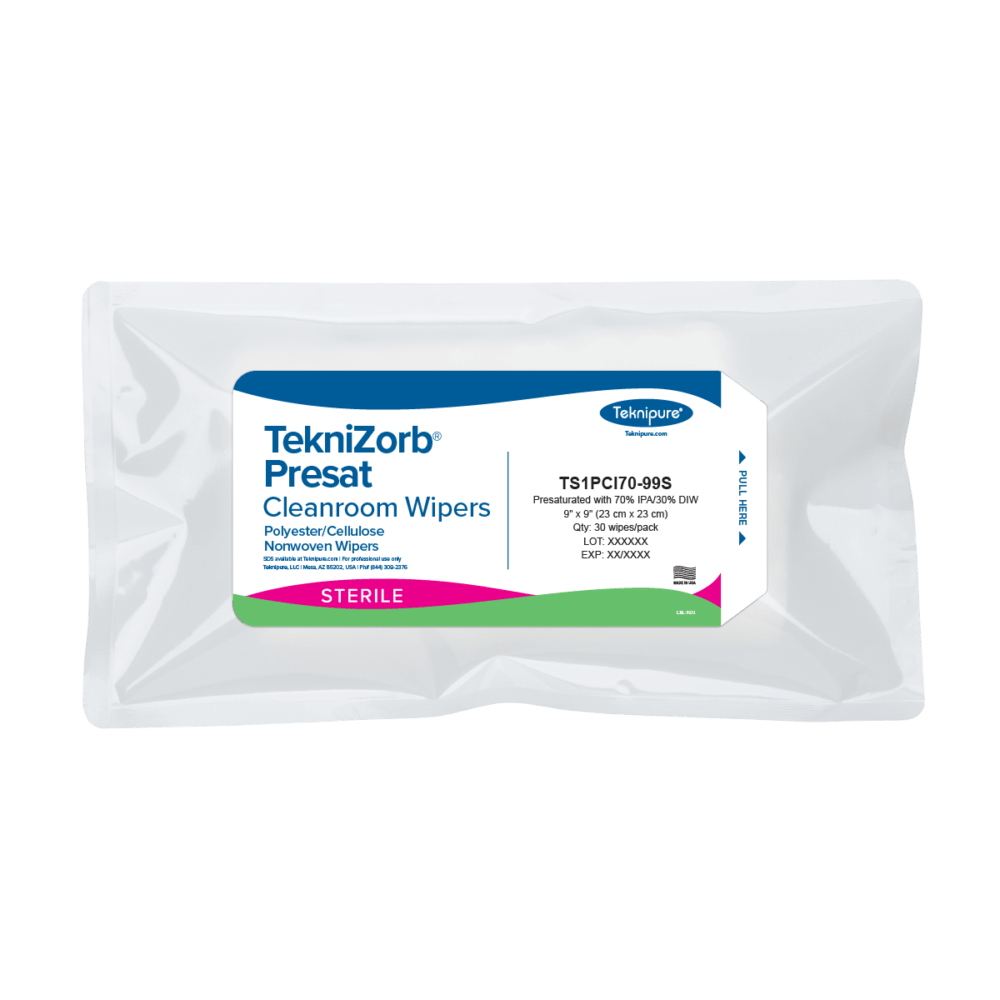 Teknipure TS1PCI70 - 99S TekniZorb® Sterile presaturated 70% IPA polyester/cellulose nonwoven cleanroom wipers, 9"x9" MTESolutions
